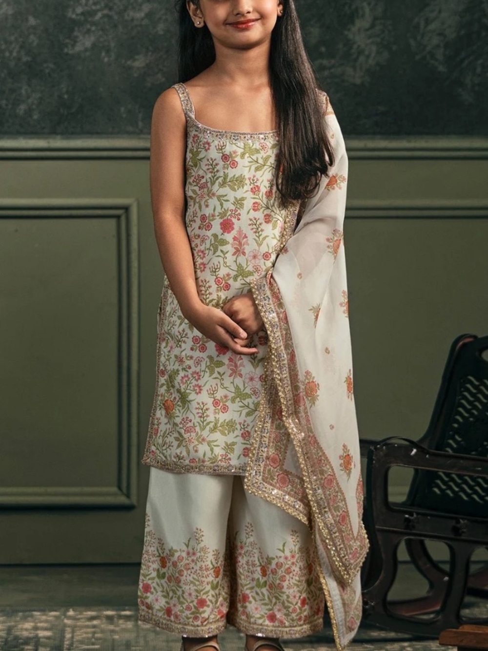 Girls Cream Floral Embroidered Salwar Kameez Set with Dupatta